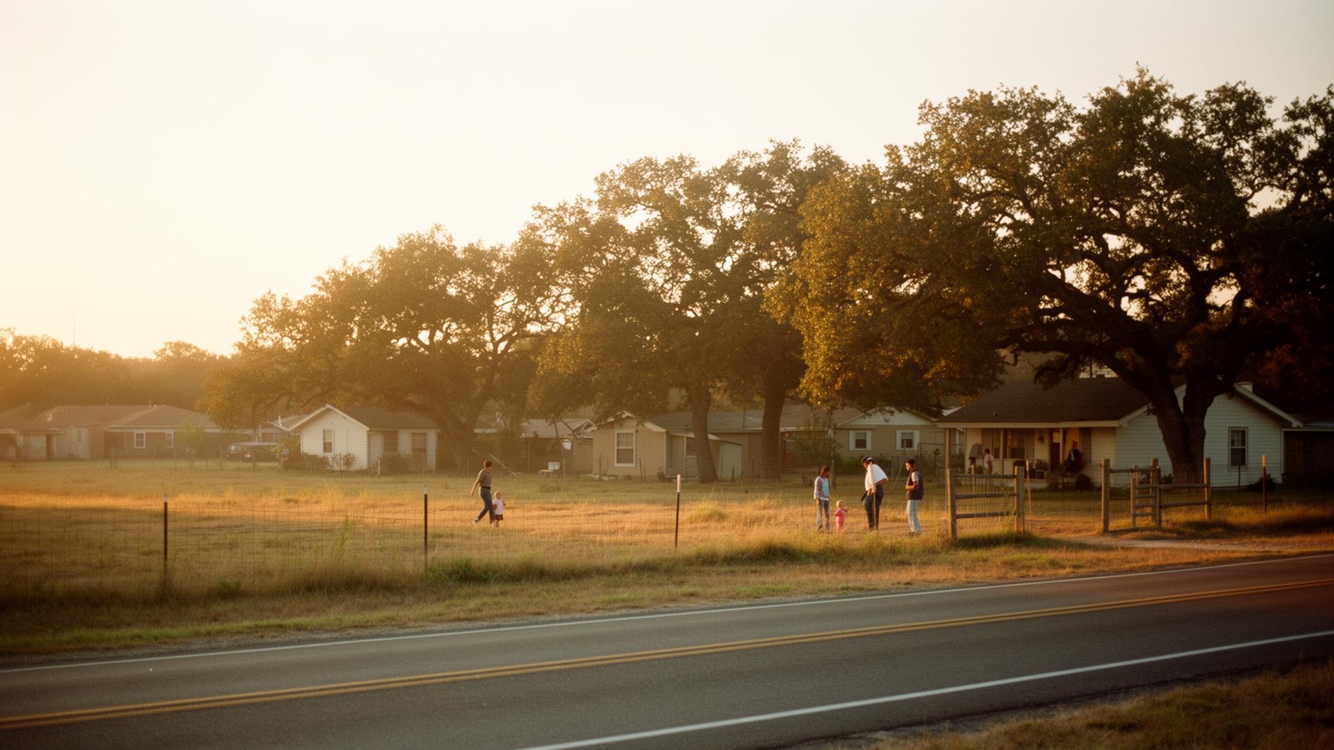 Golden-hour view of a Hockley, Texas neighborhood with families gathered along an oak-lined country road